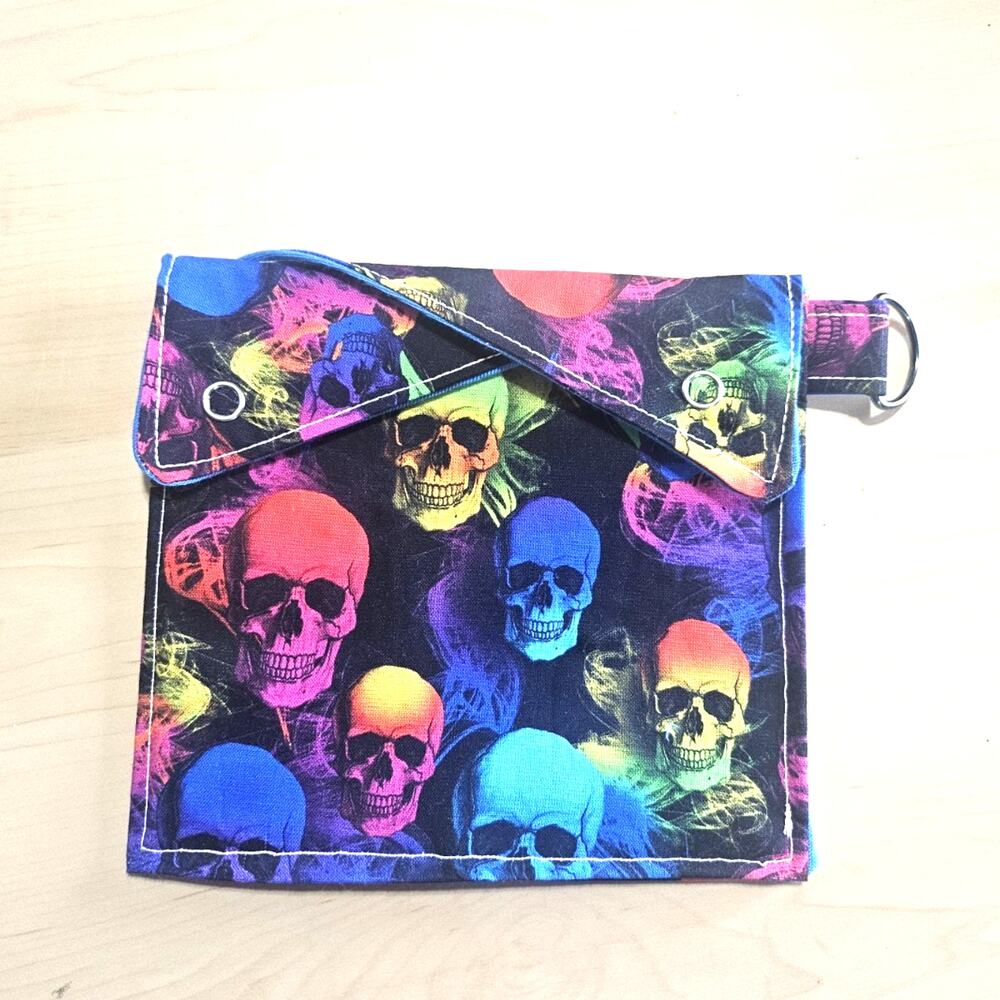 Handmade Upcycled Double Pocket Snap Closure Pouch With Keychain Ring Skulls